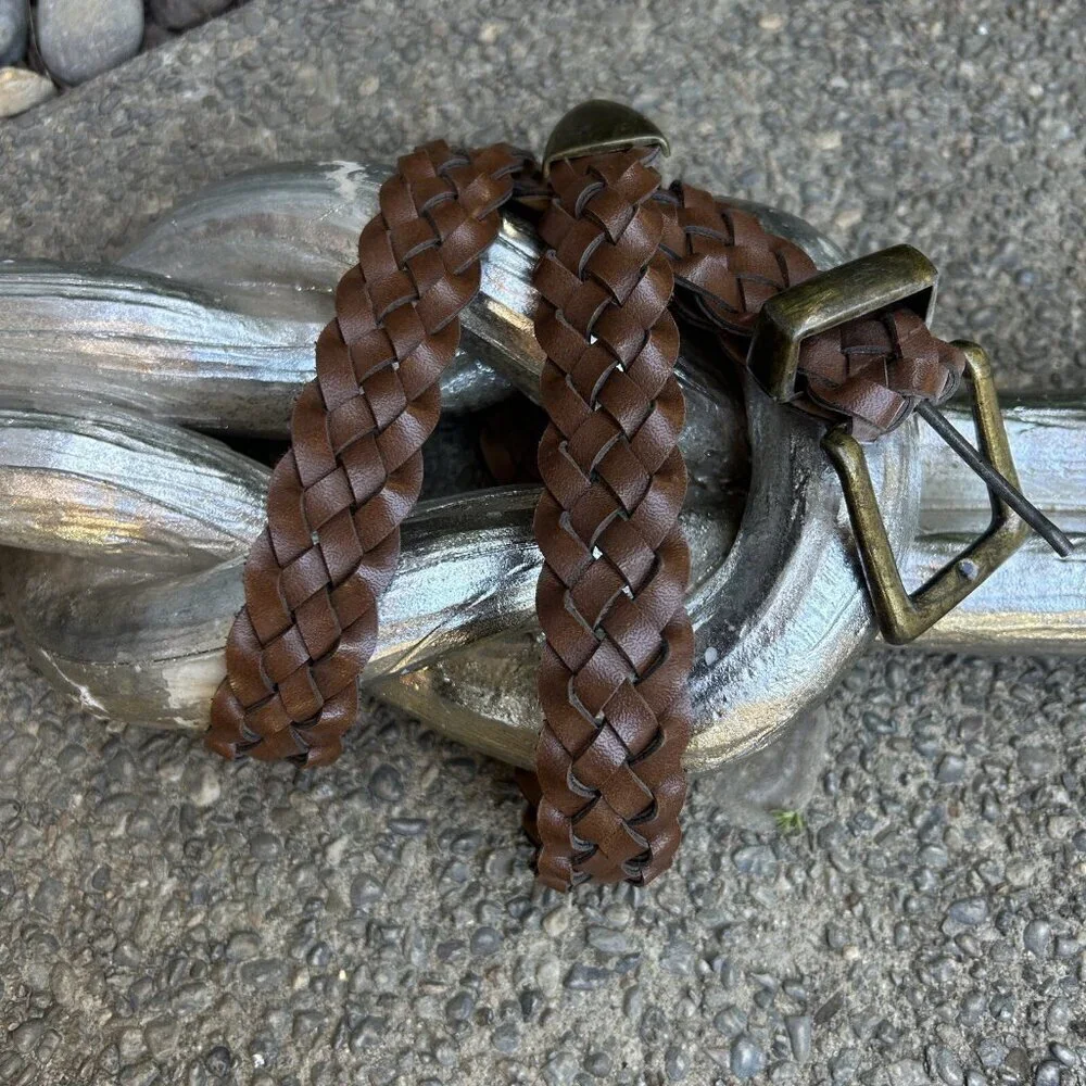 Vintage Festival Boho Brown Woven Braided Belt Brass Buckle